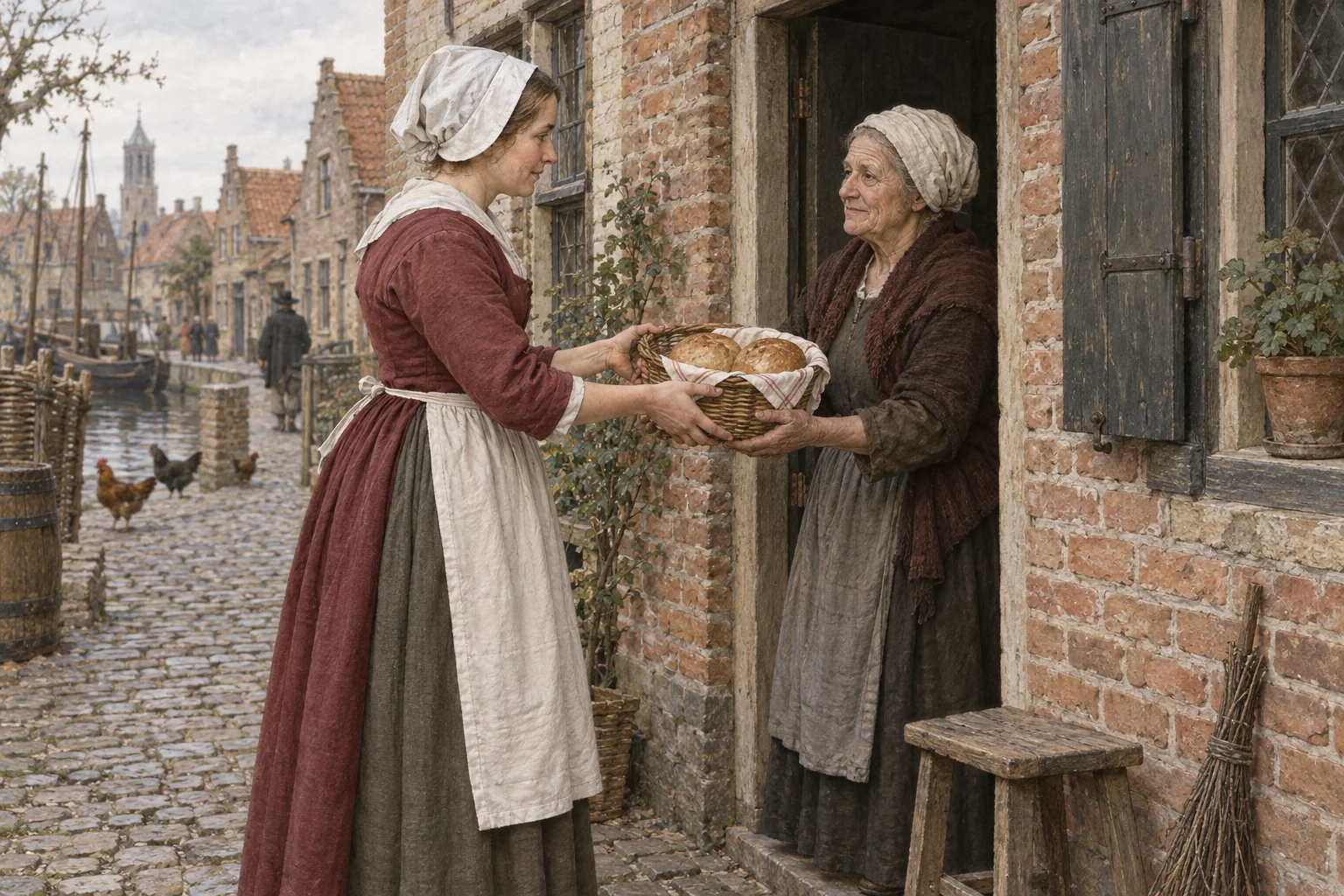 A neighbour brings a small basket of bread to an older woman at her doorway in an imagined sixteenth-century town.