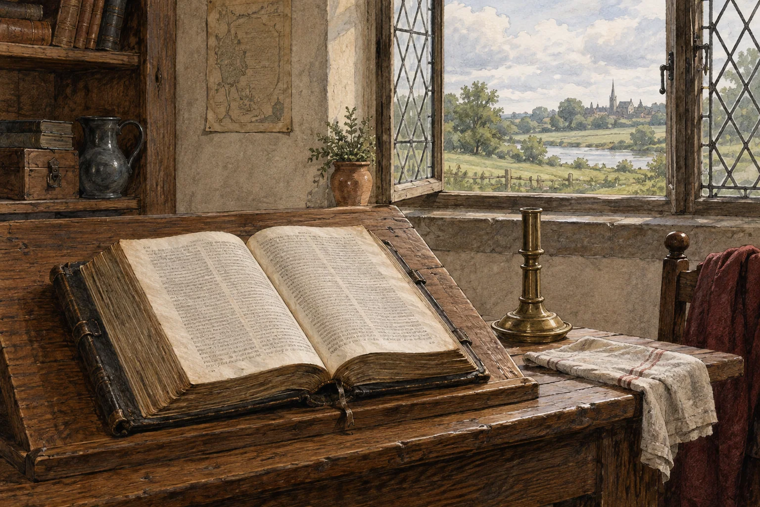 An open book rests beside a window looking over fields in an imagined sixteenth-century study.