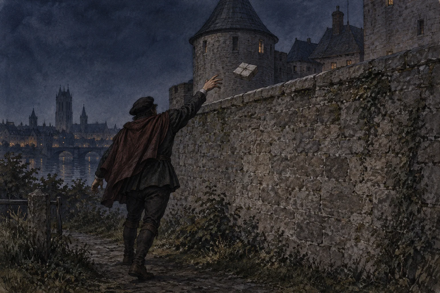 An anonymous messenger tosses a wrapped packet over a stone wall at night in an imagined sixteenth-century setting.